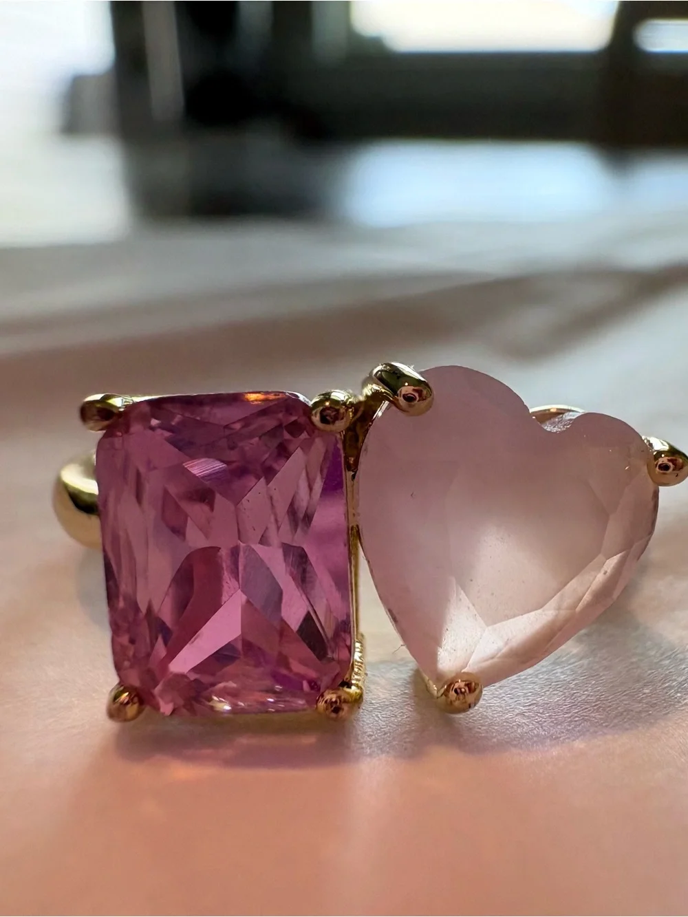 Gold Ring with Pink Cushion and Heart Stones